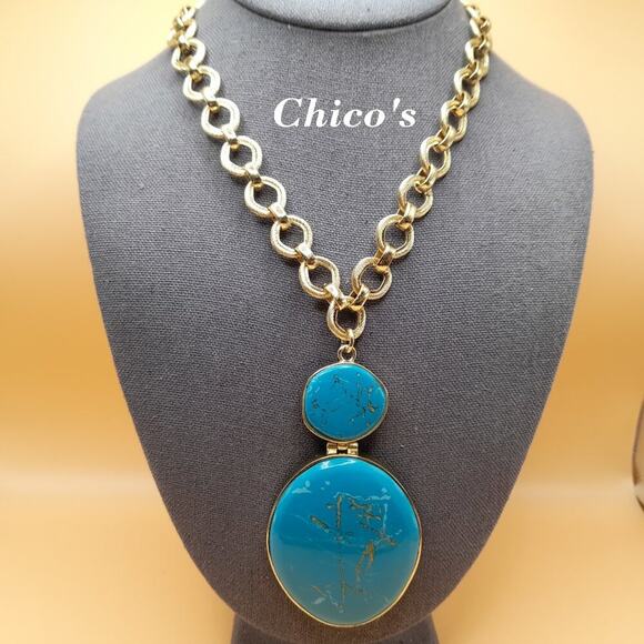 Chico's Gold Tone Chain Turquoise Pendant Necklace, Lucite Gold Accents, 22 Inch - Picture 1 of 9
